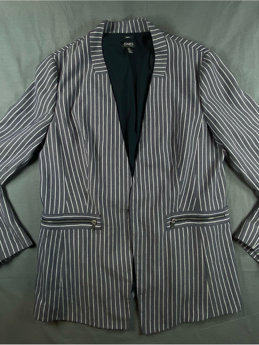 Jones New York Navy and White Pinstripe Open-Front Blazer